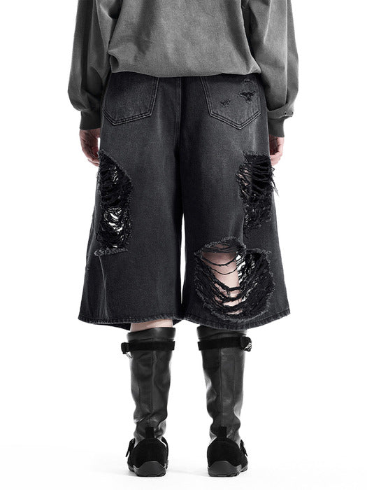 Wconcept_Treemingbird Scratch Damage Denim Shorts [ Black ]