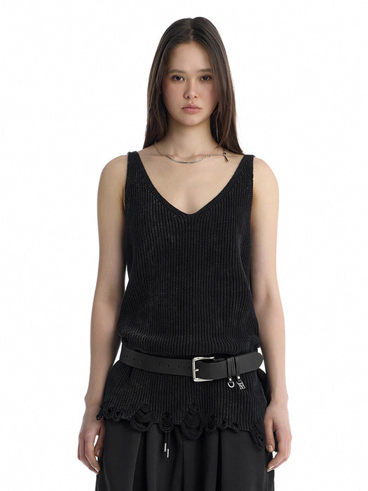 Wconcept_Treemingbird Washed Distressed Sleeveless Knit Top [ Black ]