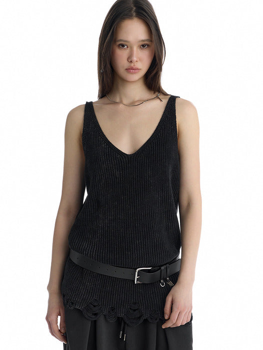 Wconcept_Treemingbird Washed Distressed Sleeveless Knit Top [ Black ]