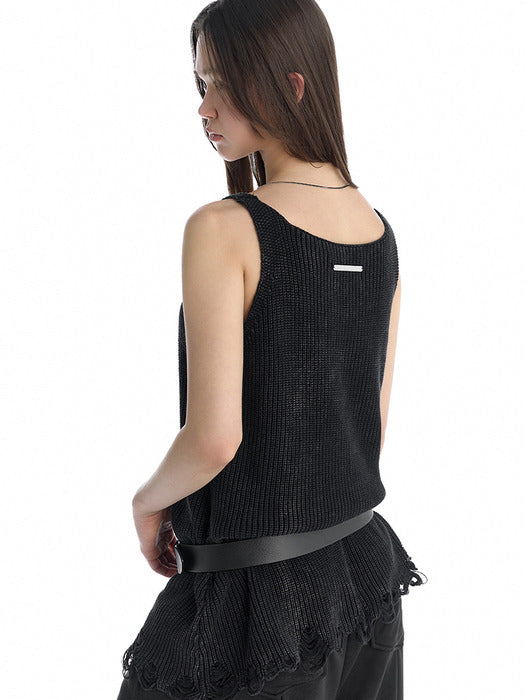 Wconcept_Treemingbird Washed Distressed Sleeveless Knit Top [ Black ]