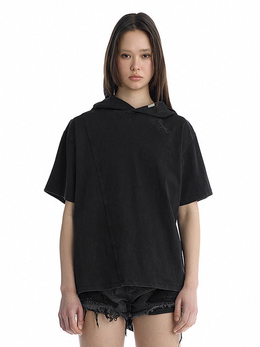 Wconcept_Treemingbird Diagonal Cut-Line Hooded T-Shirt [ Black ]