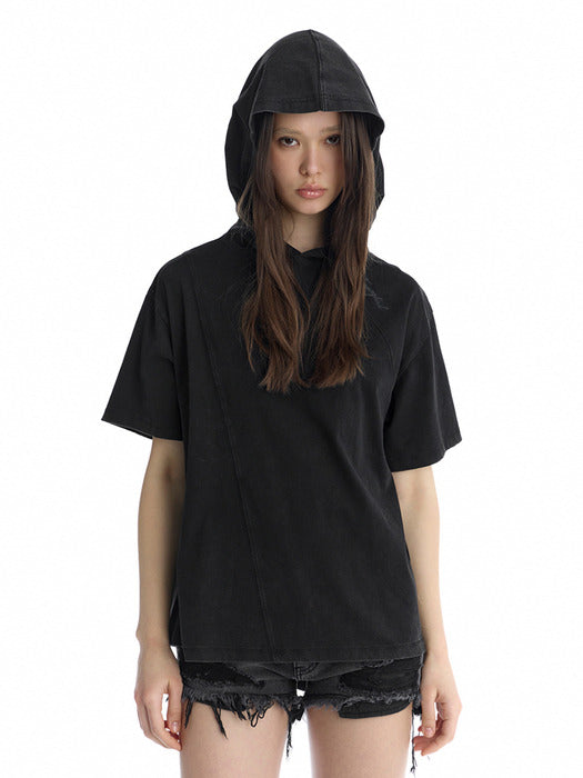 Wconcept_Treemingbird Diagonal Cut-Line Hooded T-Shirt [ Black ]
