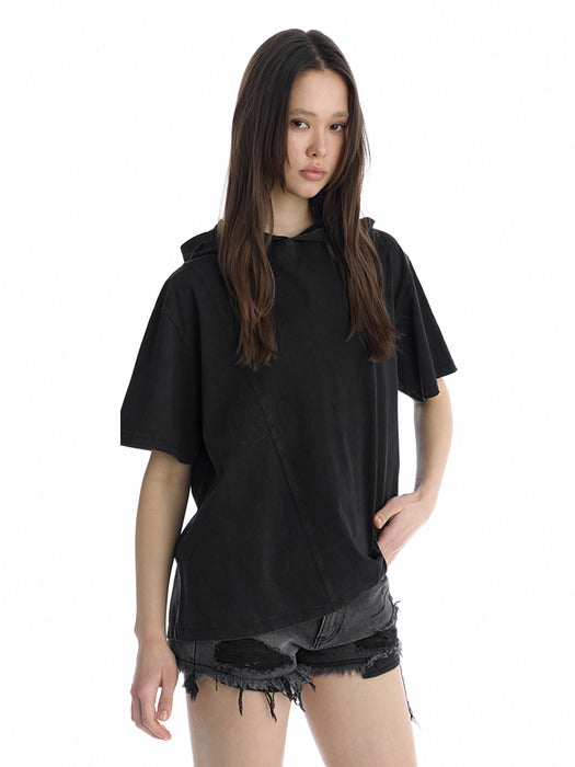 Wconcept_Treemingbird Diagonal Cut-Line Hooded T-Shirt [ Black ]