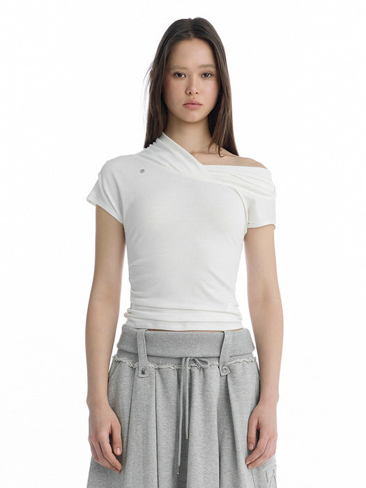 Wconcept_Treemingbird Asymmetric Draped Off-Shoulder Top [ White ]