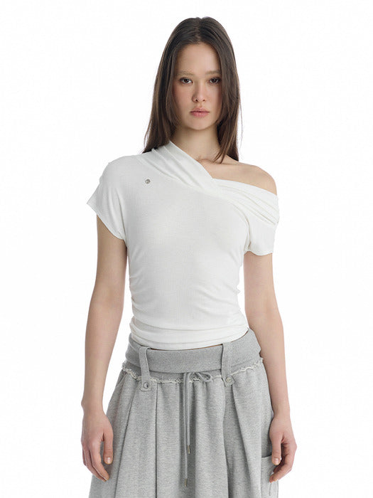 Wconcept_Treemingbird Asymmetric Draped Off-Shoulder Top [ White ]