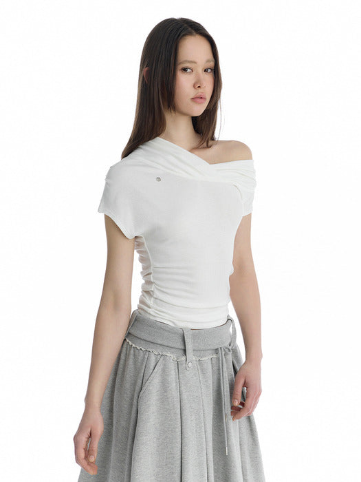 Wconcept_Treemingbird Asymmetric Draped Off-Shoulder Top [ White ]