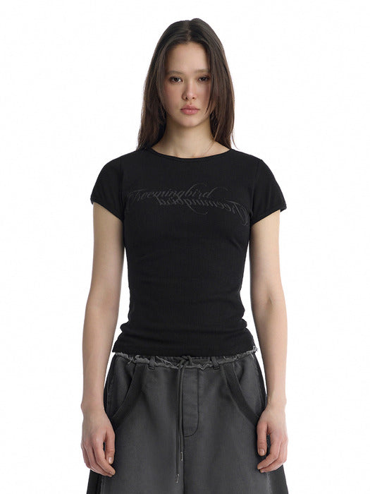 Wconcept_Treemingbird Double Script Logo Ribbed T-Shirt [ Black ]