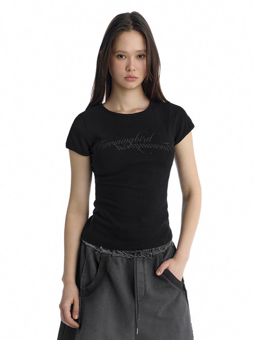 Wconcept_Treemingbird Double Script Logo Ribbed T-Shirt [ Black ]