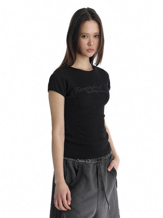 Wconcept_Treemingbird Double Script Logo Ribbed T-Shirt [ Black ]
