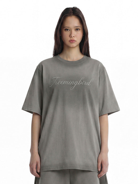 Wconcept_Treemingbird Vintage Brushed Script Logo T-Shirt [ Light Gray ]
