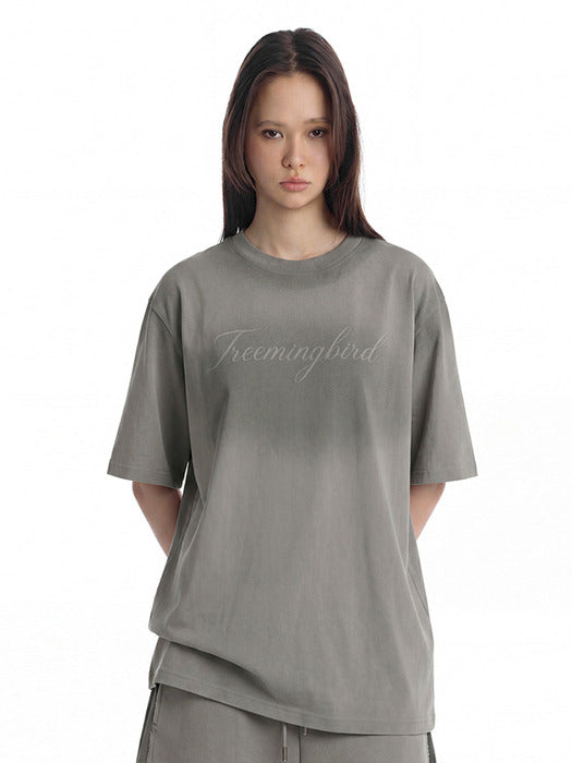 Wconcept_Treemingbird Vintage Brushed Script Logo T-Shirt [ Light Gray ]