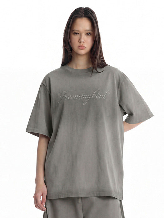 Wconcept_Treemingbird Vintage Brushed Script Logo T-Shirt [ Light Gray ]