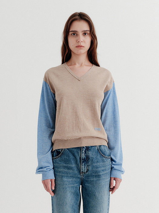 Eenk V-Neck Contrast Knitwear Top - Light Beige
