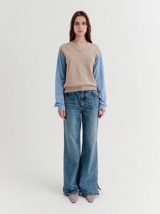 Eenk V-Neck Contrast Knitwear Top - Light Beige