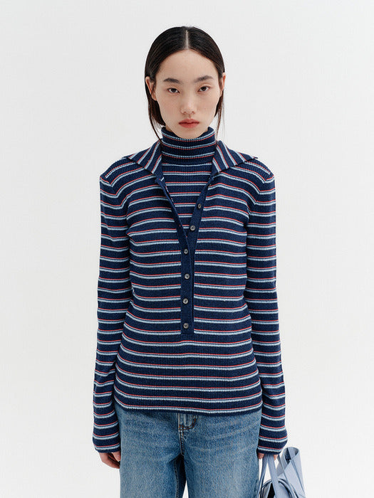 Eenk High-Neck Layered Knitwear Top - Navy