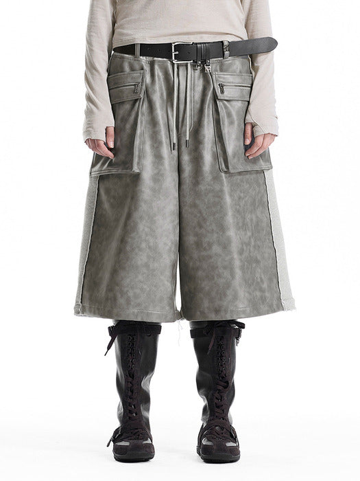 Wconcept_Treemingbird Leather-Panelled Cargo Bermuda Pants [ Gray ]