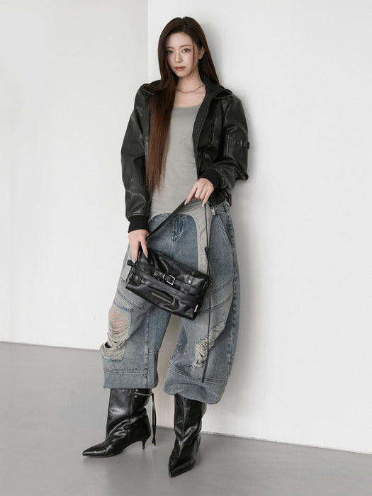 Wconcept_Treemingbird Double Belt Loop Distressed Balloon Denim [ Blue ]