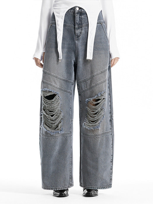 Wconcept_Treemingbird Double Belt Loop Distressed Balloon Denim [ Blue ]