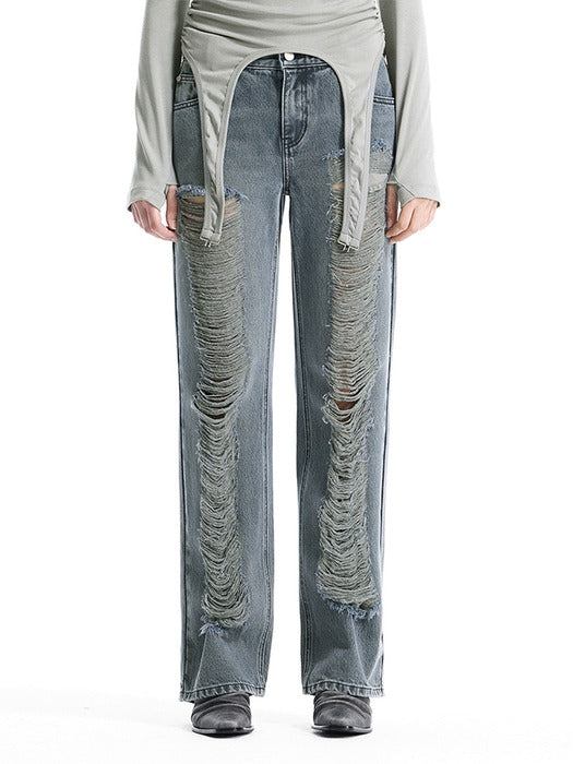 Wconcept_Treemingbird Low-Rise Scratch Damage Slim-Fit Denim [ Blue ]