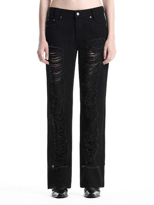 Wconcept_Treemingbird Low-Rise Scratch Damage Slim-Fit Denim [ Black ]