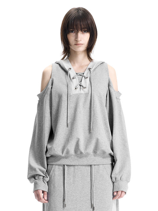 Wconcept_Treemingbird Lace-Up Eyelet Set-Up Hoodie [ Melange Gray ]
