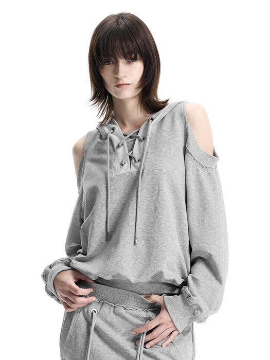 Wconcept_Treemingbird Lace-Up Eyelet Set-Up Hoodie [ Melange Gray ]