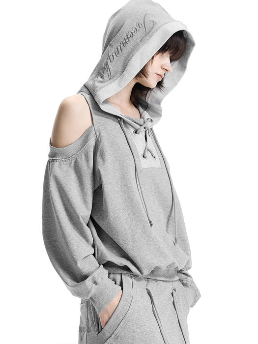 Wconcept_Treemingbird Lace-Up Eyelet Set-Up Hoodie [ Melange Gray ]