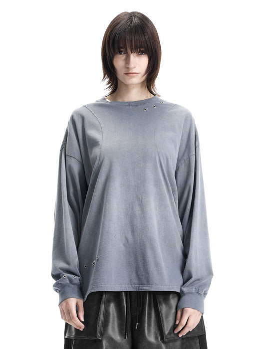 Wconcept_Treemingbird Eyelet Pigment-Washed Long-Sleeve Tee [ Blue ]