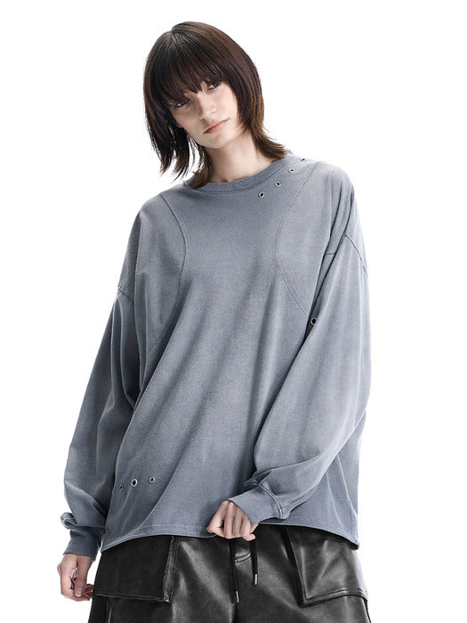 Wconcept_Treemingbird Eyelet Pigment-Washed Long-Sleeve Tee [ Blue ]