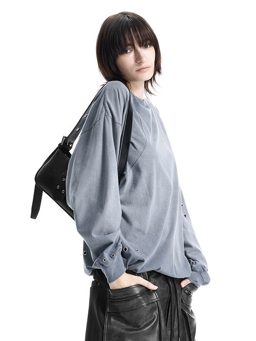 Wconcept_Treemingbird Eyelet Pigment-Washed Long-Sleeve Tee [ Blue ]