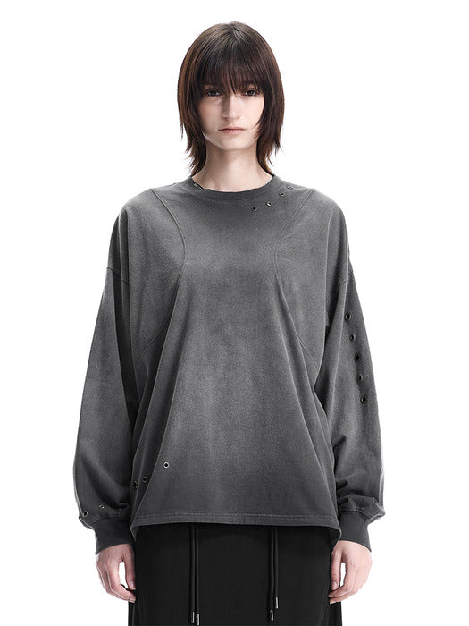 Wconcept_Treemingbird Eyelet Pigment-Washed Long-Sleeve Tee [ Charcoal ]