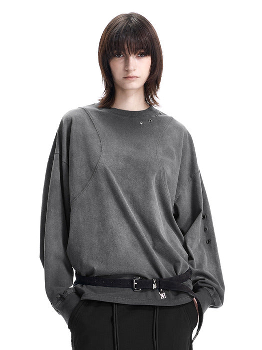 Wconcept_Treemingbird Eyelet Pigment-Washed Long-Sleeve Tee [ Charcoal ]