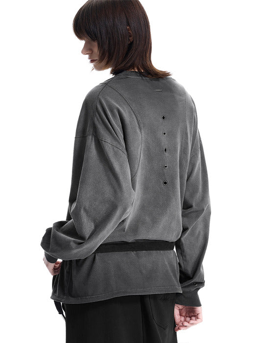 Wconcept_Treemingbird Eyelet Pigment-Washed Long-Sleeve Tee [ Charcoal ]