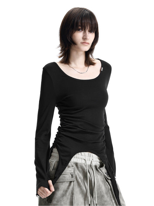 Wconcept_Treemingbird Garter-Hem Long-Sleeve Top [ Black ]