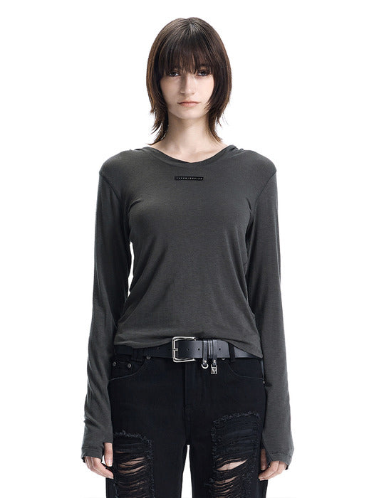 Wconcept_Treemingbird Raw-Cut Hooded Long Sleeve T-Shirt [ Charcoal ]