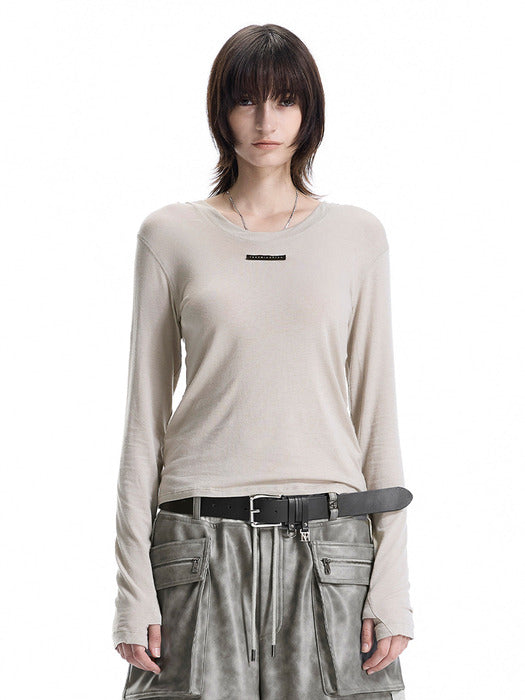 Wconcept_Treemingbird Raw-Cut Hooded Long Sleeve T-Shirt [ Beige ]