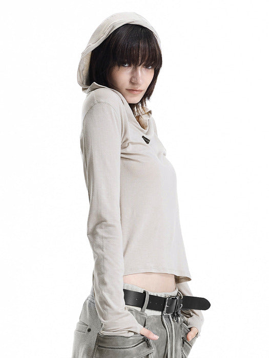 Wconcept_Treemingbird Raw-Cut Hooded Long Sleeve T-Shirt [ Beige ]