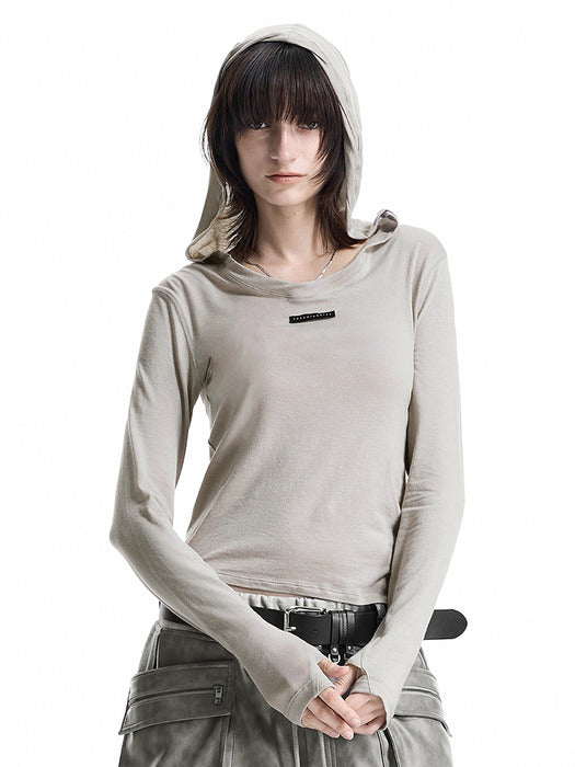 Wconcept_Treemingbird Raw-Cut Hooded Long Sleeve T-Shirt [ Beige ]