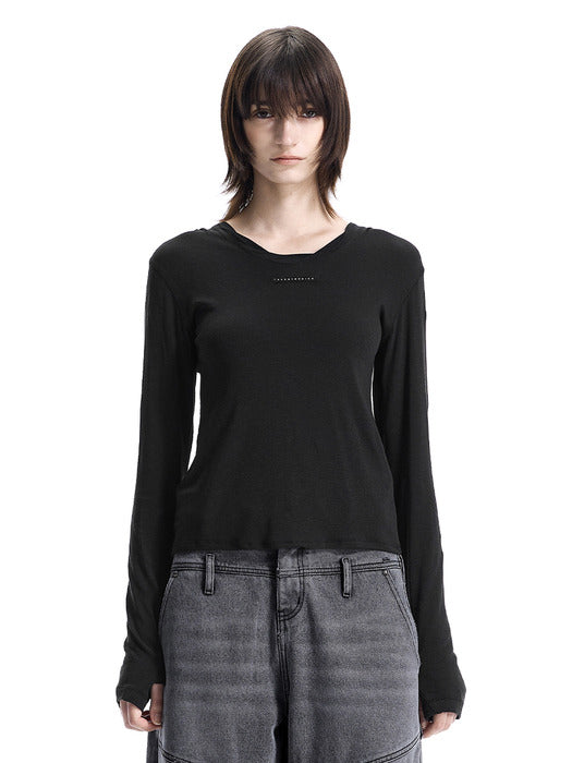 Wconcept_Treemingbird Raw-Cut Hooded Long Sleeve T-Shirt [ Black ]