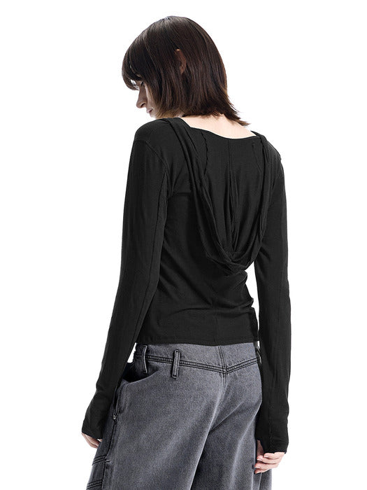 Wconcept_Treemingbird Raw-Cut Hooded Long Sleeve T-Shirt [ Black ]