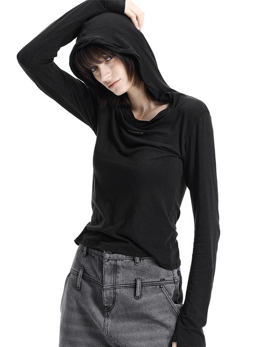 Wconcept_Treemingbird Raw-Cut Hooded Long Sleeve T-Shirt [ Black ]