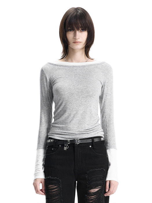 Wconcept_Treemingbird Layered Color Block Long-Sleeve T-Shirt [ Melange Gray ]
