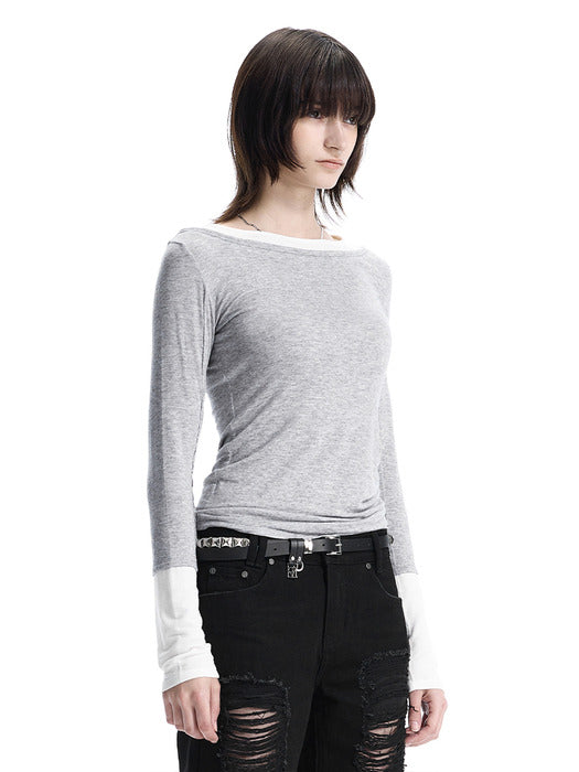 Wconcept_Treemingbird Layered Color Block Long-Sleeve T-Shirt [ Melange Gray ]