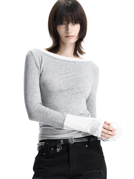 Wconcept_Treemingbird Layered Color Block Long-Sleeve T-Shirt [ Melange Gray ]