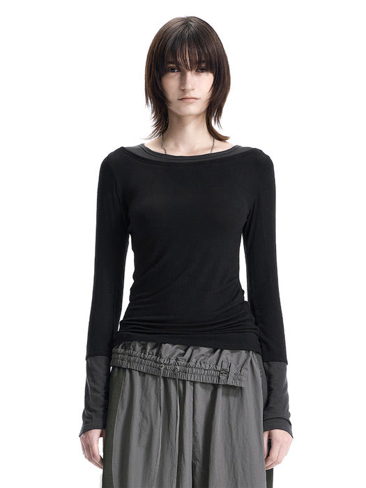 Wconcept_Treemingbird Layered Color Block Long-Sleeve T-Shirt [ Black ]