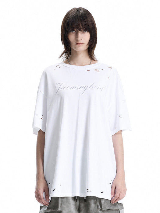 Wconcept_Treemingbird Distressed Logo Graphic T-shirts [ White ]