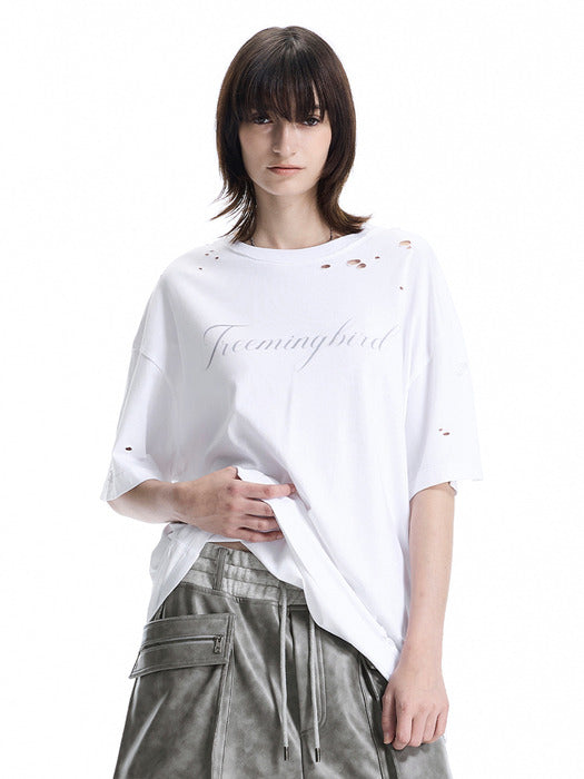 Wconcept_Treemingbird Distressed Logo Graphic T-shirts [ White ]
