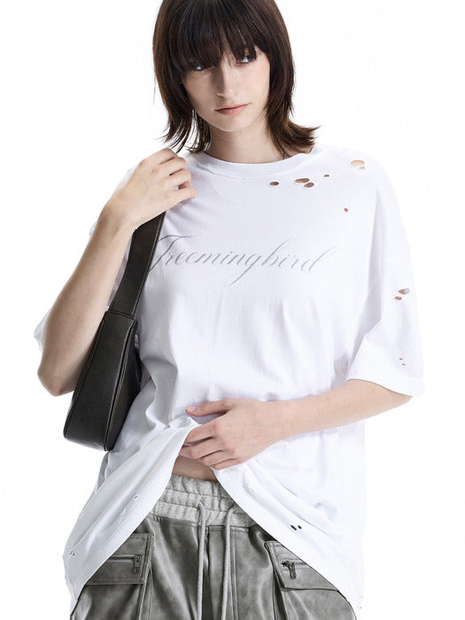 Wconcept_Treemingbird Distressed Logo Graphic T-shirts [ White ]