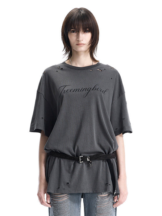 Wconcept_Treemingbird Distressed Logo Graphic T-shirts [ Charcoal ]