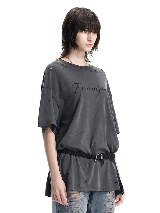 Wconcept_Treemingbird Distressed Logo Graphic T-shirts [ Charcoal ]